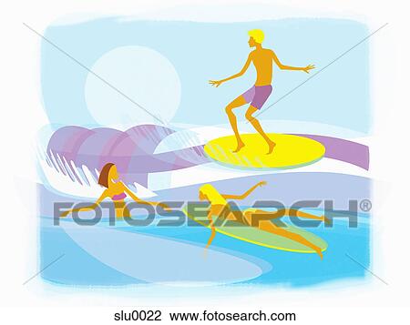 People going surfing in the ocean View Large Illustration Drawing - People going surfing in the ocean. Fotosearch