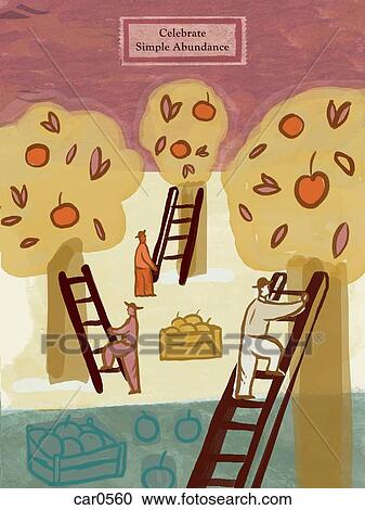 Clipart - People picking apples and the text: Celebrate Simple Abundance. Fotosearch