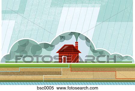 Stock Illustration - Rain falling on a house with pipes running under ground. Fotosearch