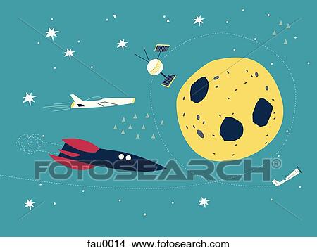 Rockets and satellites flying around the moon View Large Illustration Stock Illustration - Rockets and satellites flying around the moon. Fotosearch