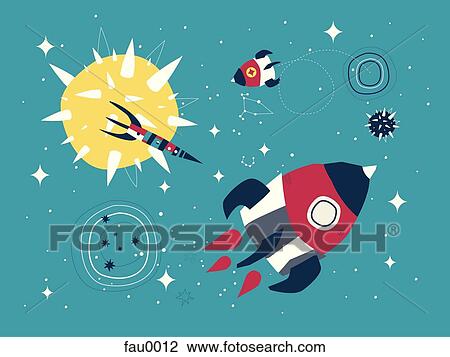 Rockets flying in space View Large Illustration Drawing - Rockets flying in space. Fotosearch