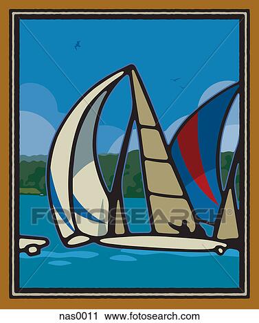 Sailboats in the water View Large Illustration Clip Art - Sailboats in the water. Fotosearch