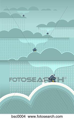 Stock Illustration - Snow falling on houses on top of hills. Fotosearch