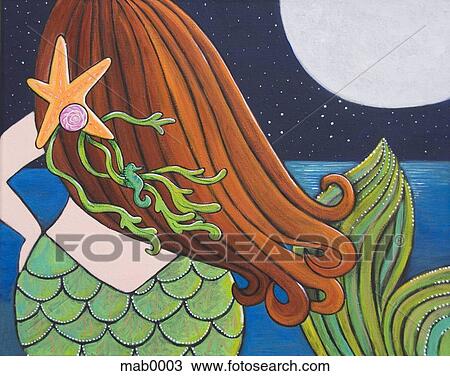 The back of a mermaid looking at the ocean and moon View Large Illustration Drawing - The back of a mermaid looking at the ocean and moon. Fotosearch