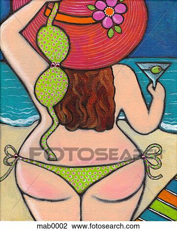 Drawing - The back of a woman at the beach holding a martini in one hand and her bikini top in another. Fotosearch