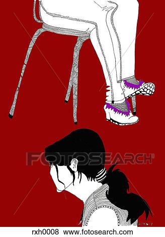 Stock Illustration - The side of a womans head and shoulders and the legs of someone sitting in a chair. Fotosearch