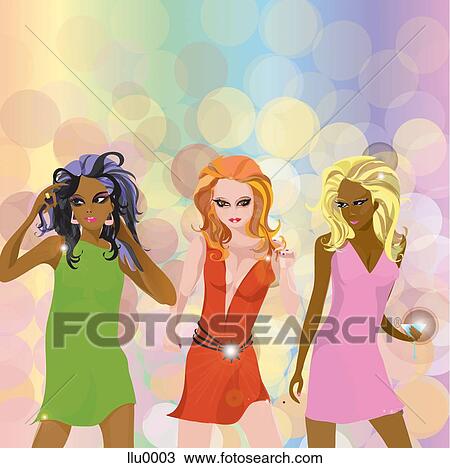 Drawing - Three fashionable woman in a club. Fotosearch