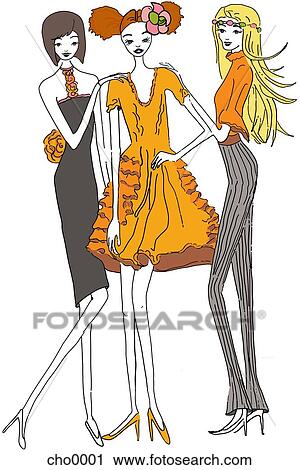 Clip Art - Three fashionable young women. Fotosearch