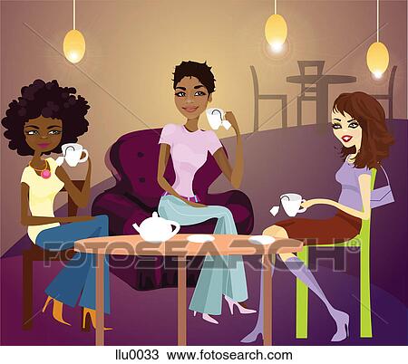 Drawing - Three women having tea together. Fotosearch