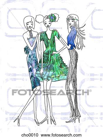Clipart - Three women in fashionable clothing. Fotosearch