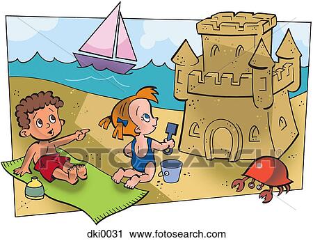 Two children building a sandcastle on the beach View Large Illustration Clip Art - Two children building a sandcastle on the beach. Fotosearch