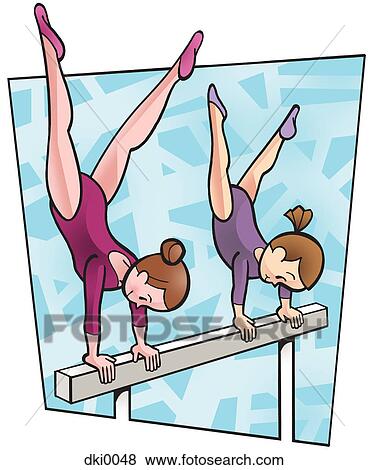 Two girls doing gymnastics on a balance beam View Large Illustration Stock Illustration - Two girls doing gymnastics on a balance beam. Fotosearch