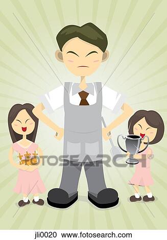 Two girls giving their father trophies and a crown View Large Illustration Clipart - Two girls giving their father trophies and a crown. Fotosearch