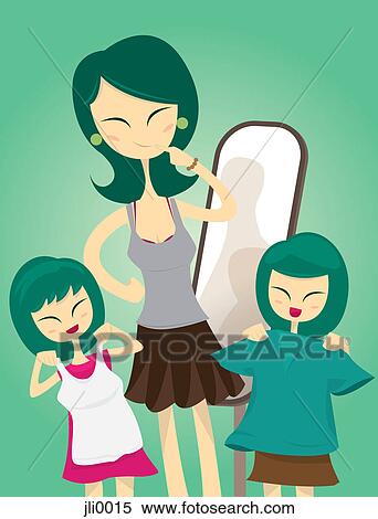 Two girls helping their mother choose what to wear View Large Illustration Stock Illustration - Two girls helping their mother choose what to wear. Fotosearch