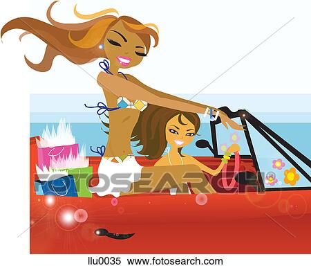 Stock Illustration - Two girls in bikinis driving a convertable car with their back seat filled with shopping bags. Fotosearch