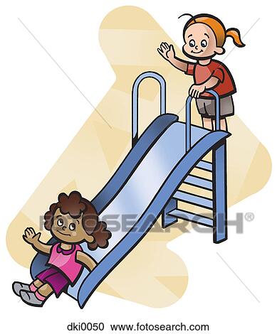 Clipart - Two girls playing on a slide. Fotosearch