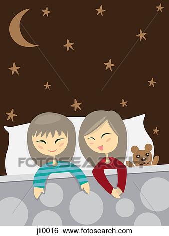 Two little girls talking in bed View Large Illustration Stock Illustration - Two little girls talking in bed. Fotosearch