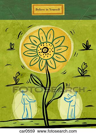 Two men standing under a tall growing flower and the text: Believe in Yourself View Large Illustration Stock Illustration - Two men standing under a tall growing flower and the text: Believe in Yourself. Fotosearch