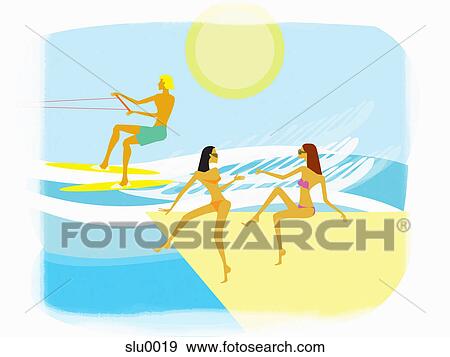 Two women on a yacht watching a man water skiing View Large Illustration Stock Illustration - Two women on a yacht watching a man water skiing. Fotosearch