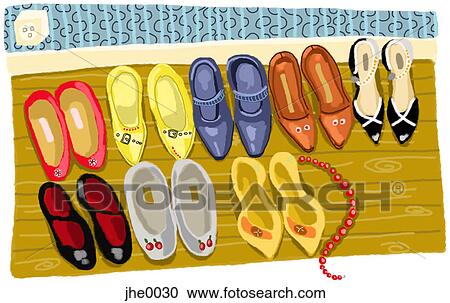 Clipart - Womens shoes lined up in neat rows. Fotosearch