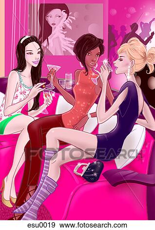 Young women having drinks at a night club View Large Illustration Stock Illustration - Young women having drinks at a night club. Fotosearch