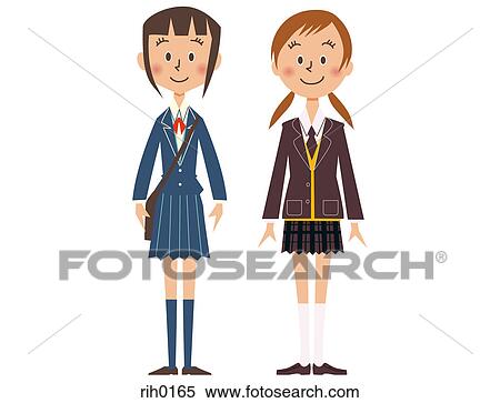 イラスト の ２人の少女たち 服を着せられる 中に 学校ユニフォーム イラスト Rih0165 Fotosearch