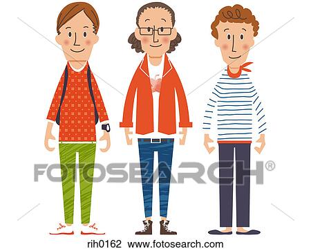 イラスト の ３人の男性たち 地位 並んで スケッチ Rih0162 Fotosearch
