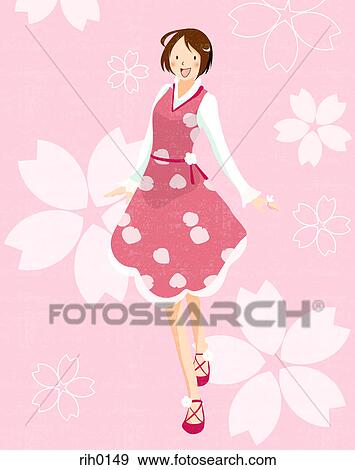 イラスト の A 幸せ 若い 女の子 上に A ピンク 花 背景 イラスト Rih0149 Fotosearch