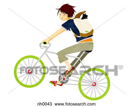 イラスト の A 若者 自転車に乗る で A ネコ 中に 彼の バックパック スケッチ Rih0043 Fotosearch