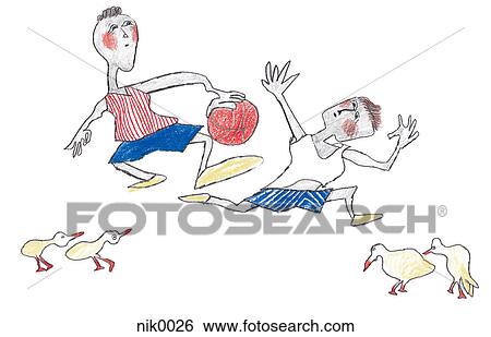 ２人の子供たち ボールで遊ぶ イラスト Nik0026 Fotosearch