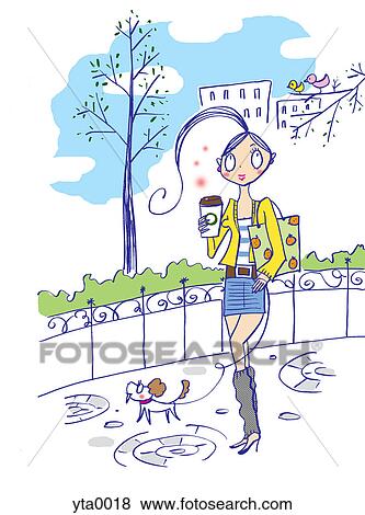 A 女性の歩くこと 彼女 犬 によって 公園 イラスト Yta0018 Fotosearch