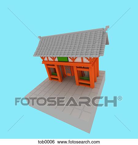 Stock Illustration - A 3D style image of a Japanese style building. Fotosearch