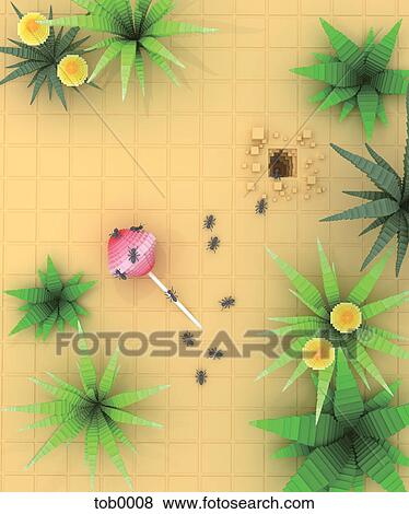 Stock Illustration - A 3D style image of an aerial view of ants descending on a candy. Fotosearch