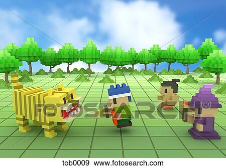 A 3D style image of men fighting a tiger View Large Illustration Stock Illustration - A 3D style image of men fighting a tiger. Fotosearch