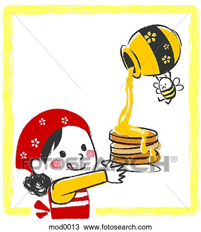 A bee pouring a pot of honey on top a stack of pancakes View Large Illustration Drawing - A bee pouring a pot of honey on top a stack of pancakes. Fotosearch