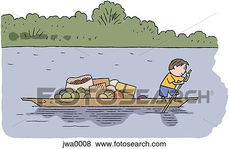 A boy paddling a canoe filled with supplies View Large Illustration Stock Illustration - A boy paddling a canoe filled with supplies. Fotosearch