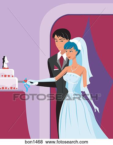 Stock Illustration - A bride and groom cutting a cake. Fotosearch