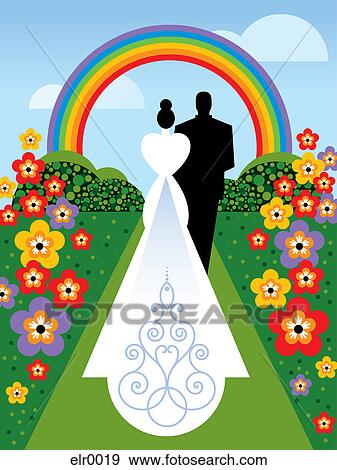 Stock Illustration - A bride and groom walking down the aisle under a rainbow. Fotosearch