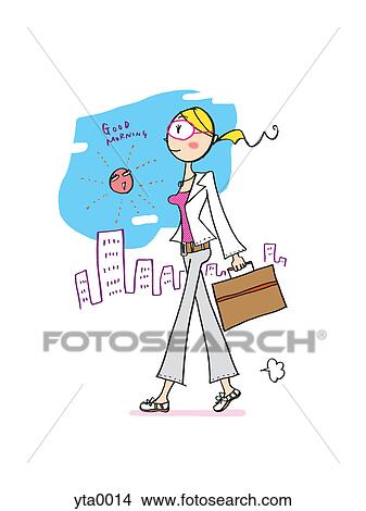 Stock Illustration - A business woman walking past a city skyline. Fotosearch