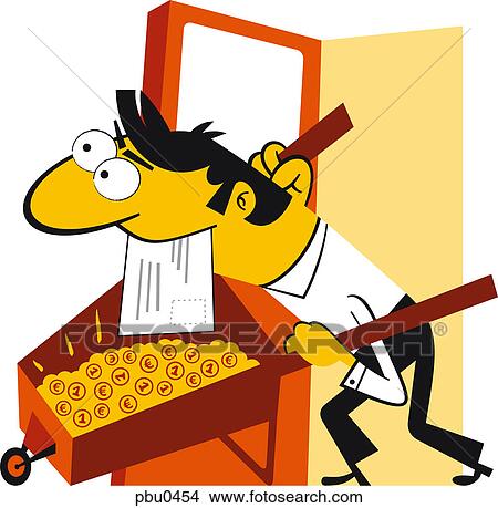 A businessman holding a postcard in his mouth while pushing a wheelbarrow filled with euro coins View Large Illustration Stock Illustration - A businessman holding a postcard in his mouth while pushing a wheelbarrow filled with euro coins. Fotosearch