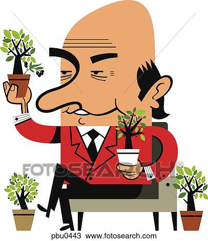 Drawing - A businessman holding potted plants. Fotosearch