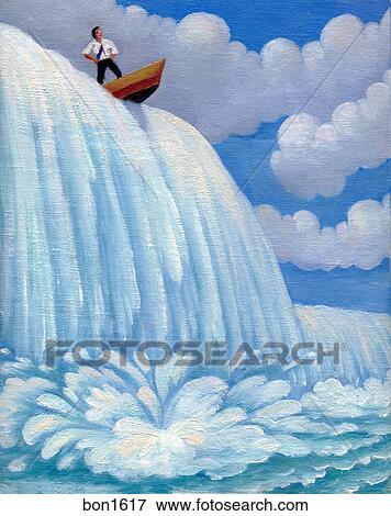 Stock Illustration - A businessman in a boat going over a waterfall. Fotosearch