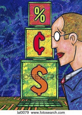 Stock Illustration - A businessman looking at currency symbols stacked on computer screens. Fotosearch