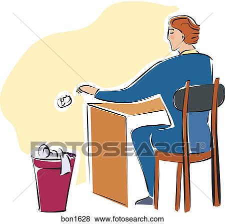 Stock Illustration - A businessman pushing scrunched up paper off a desk. Fotosearch