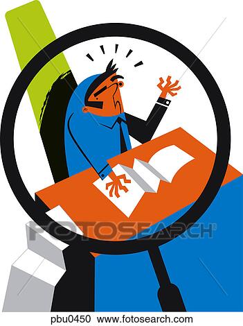 A businessman sitting at his desk while being looked at from a magnifying glass View Large Illustration Clipart - A businessman sitting at his desk while being looked at from a magnifying glass. Fotosearch