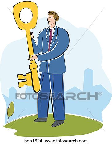 A businessman with a large key View Large Illustration Stock Illustration - A businessman with a large key. Fotosearch