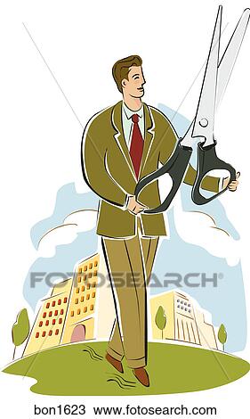 A businessman with a large pair of scissors View Large Illustration Drawing - A businessman with a large pair of scissors. Fotosearch