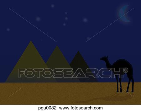 A camel standing by a row of pyramids View Large Illustration Drawing - A camel standing by a row of pyramids. Fotosearch