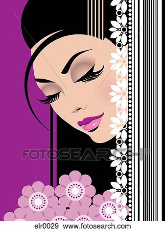 Stock Illustration - A close-up illustration of a woman surrounded by a pattern. Fotosearch