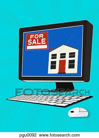 Drawing - A computer and home for sale. Fotosearch